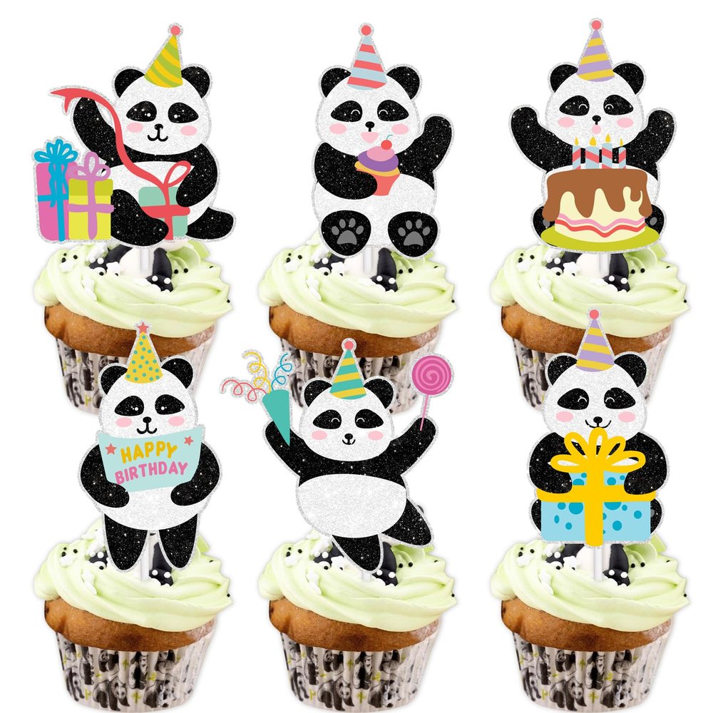18pcs Black White Glitter Dessert Cupcake Topper Animal Panda Theme Baby Shower Boy Girl Happy Birthday Party Theme Decor Supplies