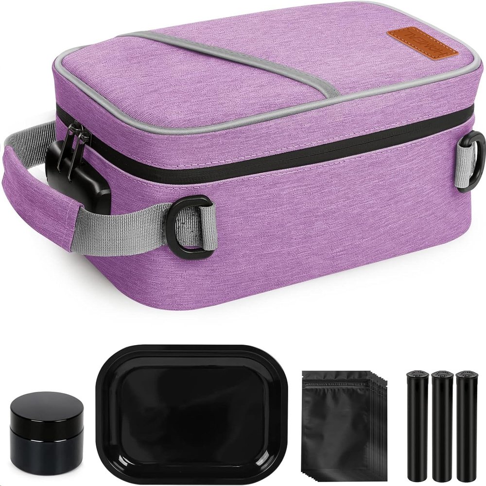 HOMEAL Smell Proof Bag, Purple, 10 x 7 x 4.5 inches, 3 Compartments, Zipper Closure, Web Handle, Unisex, Polyester, Stash Box