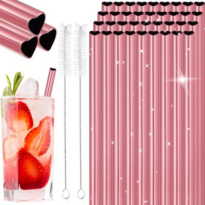 36 Pack Heart Shape Metal Straws Reusable Stainless Steel Drinking Straws with 4 Cleaning Brushes for Tumblers Beverage Drinks Milkshake Cocktails (Pink)