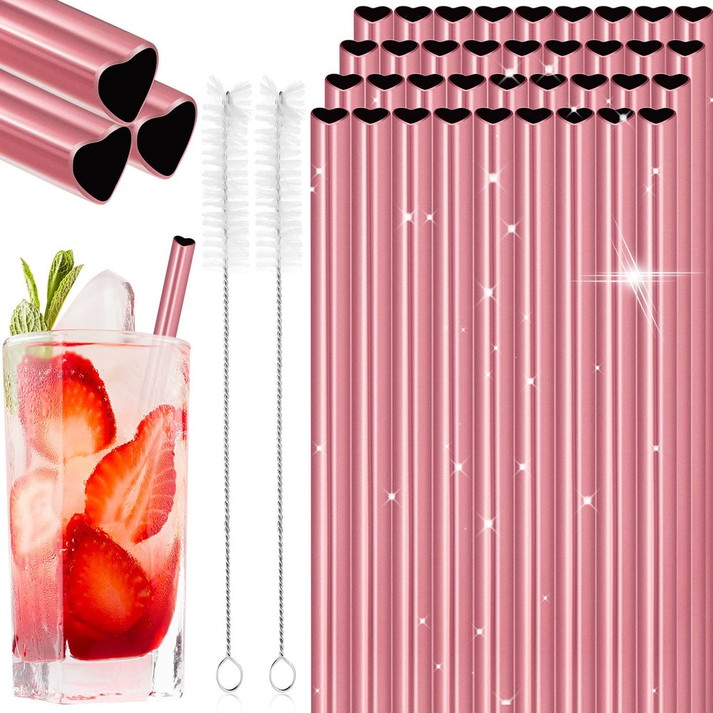 36 Pack Heart Shape Metal Straws Reusable Stainless Steel Drinking Straws with 4 Cleaning Brushes for Tumblers Beverage Drinks Milkshake Cocktails (Pink)