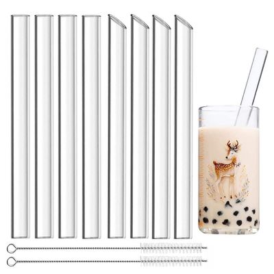 8Pcs Reusable Glass Boba Straws, 14mm Extra Wide Clear Smoothie Straws for Bubble Tea, Eco-friendly Drinking Straws with cleaner brush, Box Pack