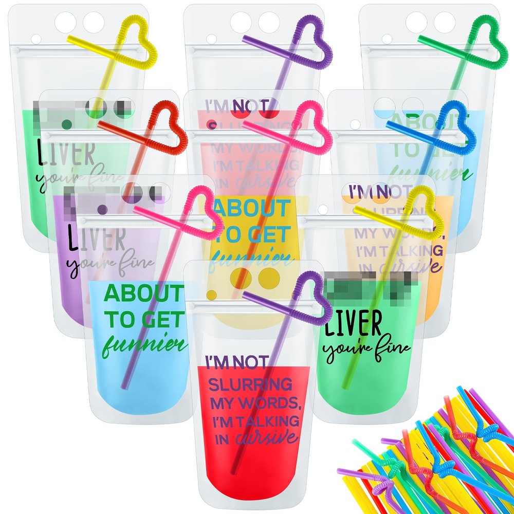 Patelai 24 Sets Drink Pouches with Straws Drink Pouches for Adults Alcohol Reusable Smoothie Juice Bags Reclosable Alcohol Bags for Adults Summer Beach Party Supplies (Bright Colors,6 Styles)