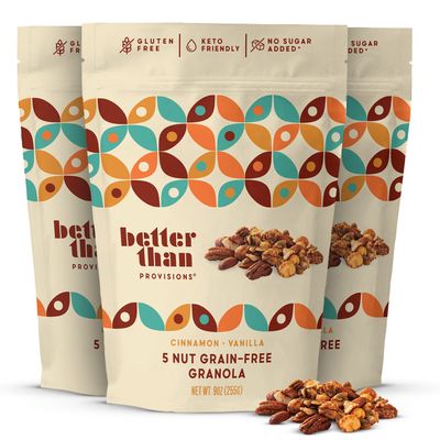 Better Than Provisions 5 Nut Grain-Free Granola, Keto Food, 3 Pack of Cinnamon Vanilla, with Almonds, Macadamia Nuts, Walnuts, Hazelnuts, Pecans, Pumpkin Seeds, Coconut, Spices, Healthy Snacks (9oz) (3 Count)