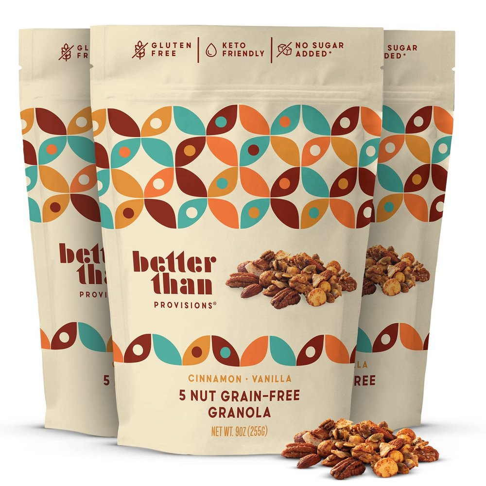 Better Than Provisions 5 Nut Grain-Free Granola, Keto Food, 3 Pack of Cinnamon Vanilla, with Almonds, Macadamia Nuts, Walnuts, Hazelnuts, Pecans, Pumpkin Seeds, Coconut, Spices, Healthy Snacks (9oz) (3 Count)