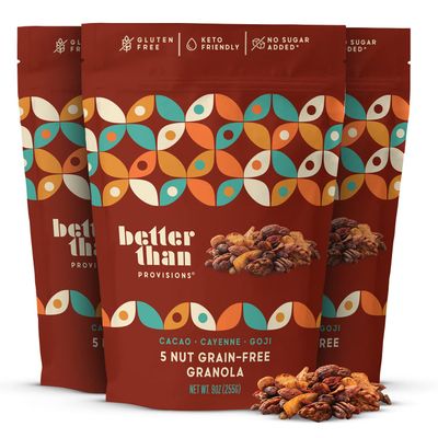 Better Than Provisions 5 Nut Grain-Free Granola, Keto Food, 3 Pack of Cacao Cayenne Goji, with Almonds, Macadamia Nuts, Walnuts, Hazelnuts, Pecans, Pumpkin Seeds, Coconut, Spices, Healthy Snacks (9oz) (3 Count)