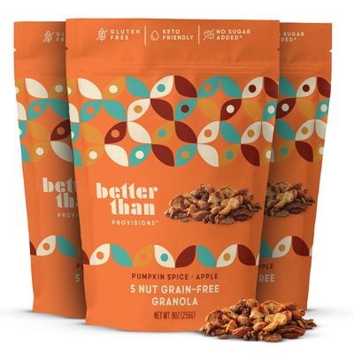 Better Than Provisions 5 Nut Grain-Free Granola, Keto Food, 3 Pack of Pumpkin Spice Apple, with Almonds, Macadamia Nuts, Walnuts, Hazelnuts, Pecans, Pumpkin Seeds, Coconut, Spices, Healthy Snacks (9oz) (3 Count)