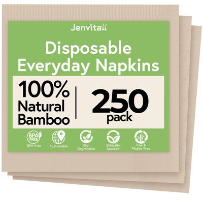Jenvita Everyday 100% Bamboo Compostable Napkins Disposable 250-Pack | Table Napkins Disposable for Lunch, Dinner,Events & Entertaining | 2-Ply FSC Certified | Compostable Paper Towels | 6.5 x 6.5Inch
