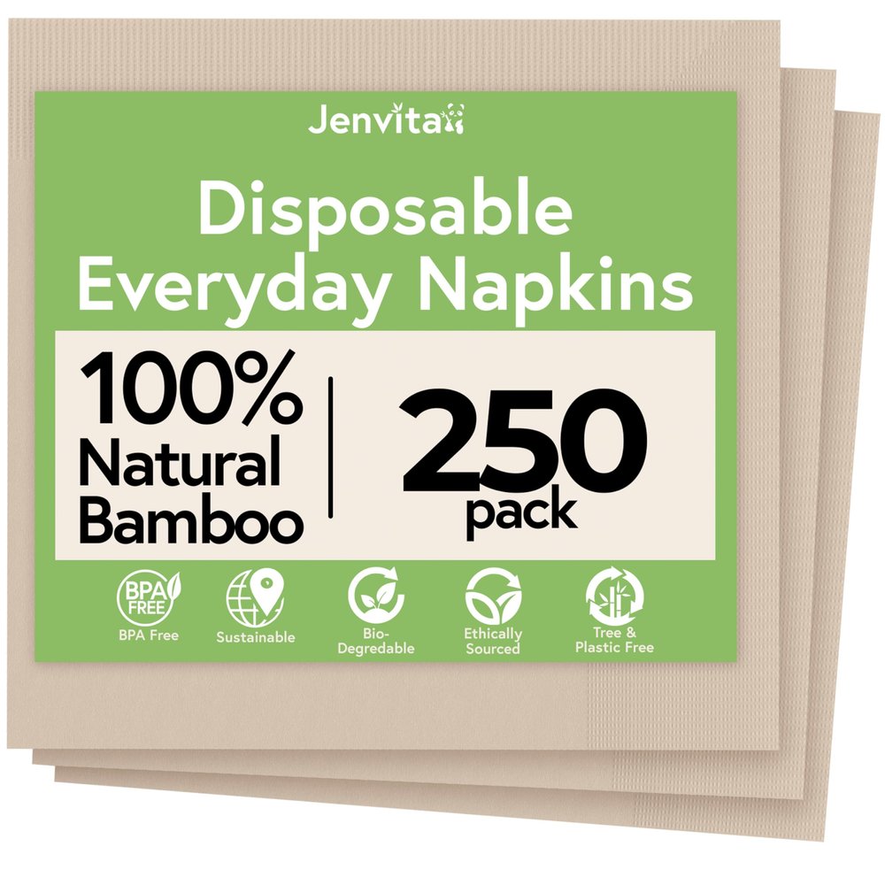 Jenvita Everyday 100% Bamboo Compostable Napkins Disposable 250-Pack | Table Napkins Disposable for Lunch, Dinner,Events & Entertaining | 2-Ply FSC Certified | Compostable Paper Towels | 6.5 x 6.5Inch