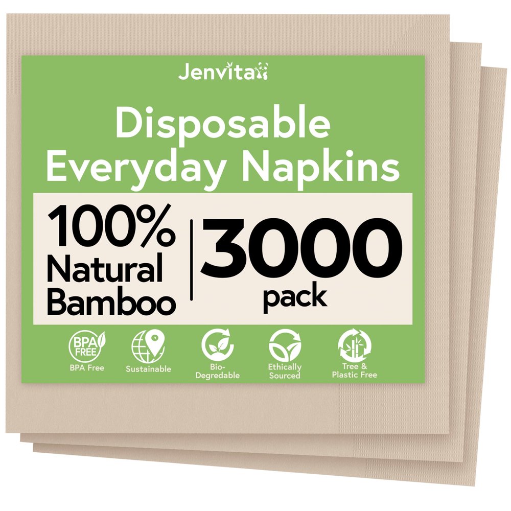 Jenvita Everyday 100% Bamboo Eco Friendly Napkins (3000-Pack) | All Natural Biodegradable Napkins for Lunch, Dinner, Events & Entertaining | 2-Ply FSC Certified | Bamboo Paper Towel | 6.5 x 6.5 Inch