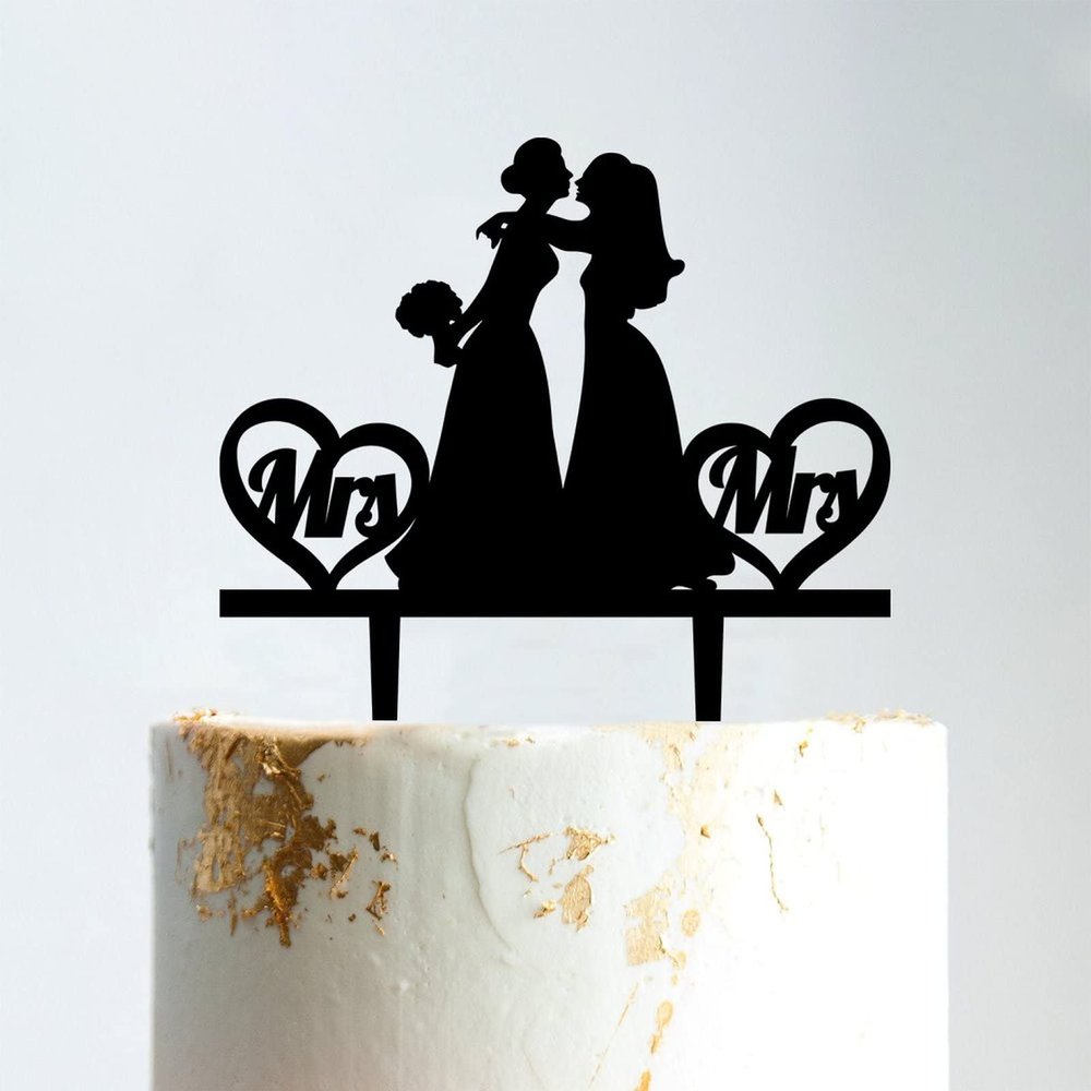 Lesbian Silhouette Wedding Cake Topper with Pet Rustic Mrs And Mrs Cake Topper Personalized Wedding Cake Topper Bride and Bride Same Sex Wedding Topper Black Acrylic, 6 Inch