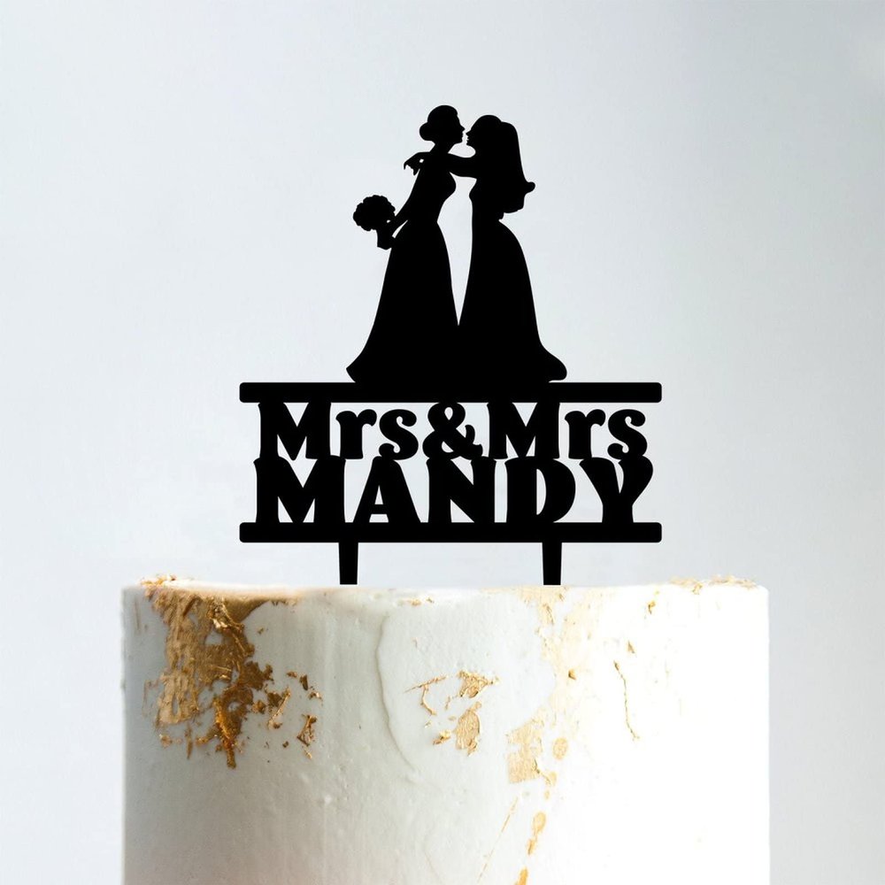 Wedding Lesbian Wedding Cake Topper Lesbian Couple Silhouette with Pet Mrs And Mrs Cake Toppers for Wedding Custom Wedding Cake Topper Bride and Bride Same Sex Wedding Topper Black Acrylic, 6 Inch