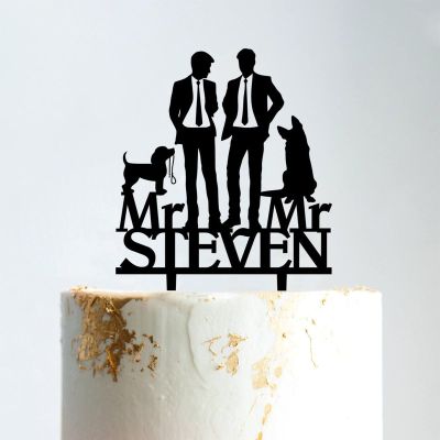 Gay Silhouette Wedding Cake Topper with Pet Mr & Mr Rustic Wreath Couple's Names Cake Topper Personalized Wedding Cake Topper Wedding Cake Topper Script Cake Toppers for Wedding Black Acrylic, 6 Inch
