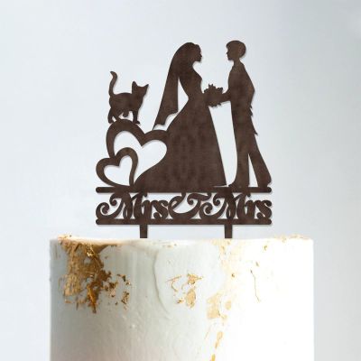 Lesbian Silhouette Wedding Cake Topper with Date with Pet Mrs & Mrs Rustic Wreath Couple's Names Cake Topper Custom Initials Cake Topper Two Names Topper Anniversary Cake Toppers Brown Wood, 6 Inch