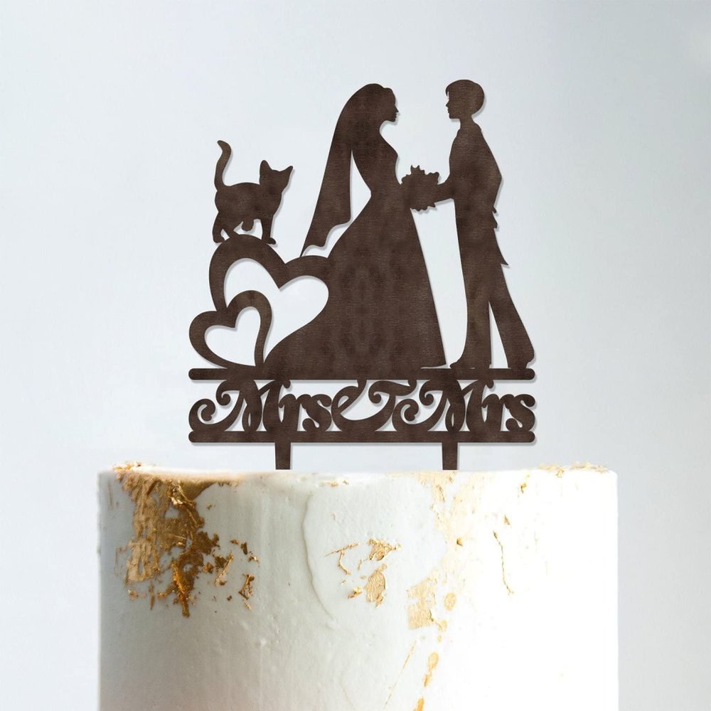 Lesbian Silhouette Wedding Cake Topper with Date with Pet Mrs & Mrs Rustic Wreath Couple's Names Cake Topper Custom Initials Cake Topper Two Names Topper Anniversary Cake Toppers Brown Wood, 6 Inch