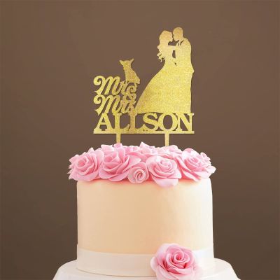 Mr And Mrs Cake Toppers for Wedding Bride And Groom with Pet Wedding Cake Topper Couple Silhouette Custom Wedding Cake Topper Anniversary Cake Toppers Gold Glitter Wood, 6 Inch