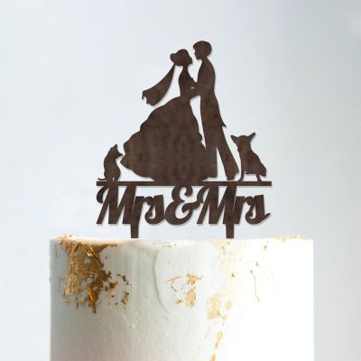 Lesbian Marriage Silhouette Wedding Cake Topper with Pet Mrs & Mrs Rustic Wreath Couple's Names Cake Topper Custom Wedding Cake Topper Two Names Topper Rustic Wedding Cake Topper Brown Wood, 6 Inch
