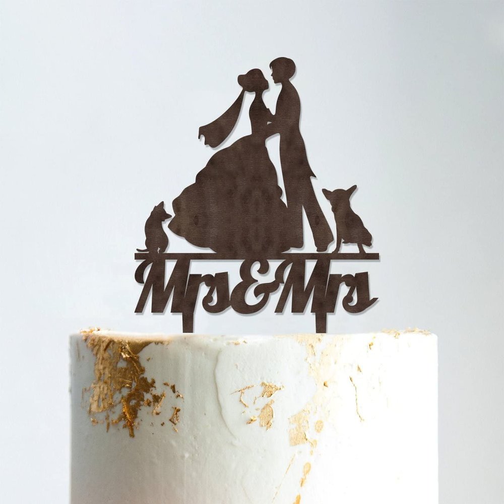 Lesbian Marriage Silhouette Wedding Cake Topper with Pet Mrs & Mrs Rustic Wreath Couple's Names Cake Topper Custom Wedding Cake Topper Two Names Topper Rustic Wedding Cake Topper Brown Wood, 6 Inch
