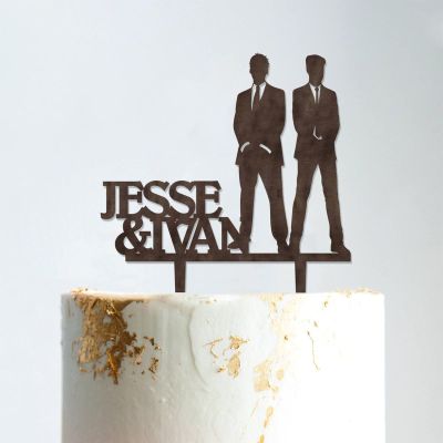 Travel Gay Silhouette Cake Topper with Pet Mr And Mr Gay Wedding Cake Topper For Two Men Family Wedding Cake Topper Groom And Groom Same Sex Wedding Topper Rustic Wreath Cake Topper Brown Wood, 6 Inch