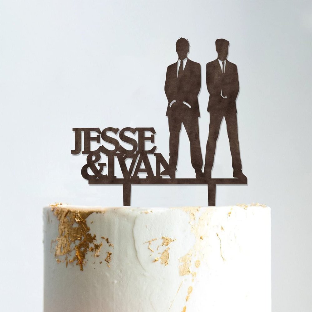 Travel Gay Silhouette Cake Topper with Pet Mr And Mr Gay Wedding Cake Topper For Two Men Family Wedding Cake Topper Groom And Groom Same Sex Wedding Topper Rustic Wreath Cake Topper Brown Wood, 6 Inch