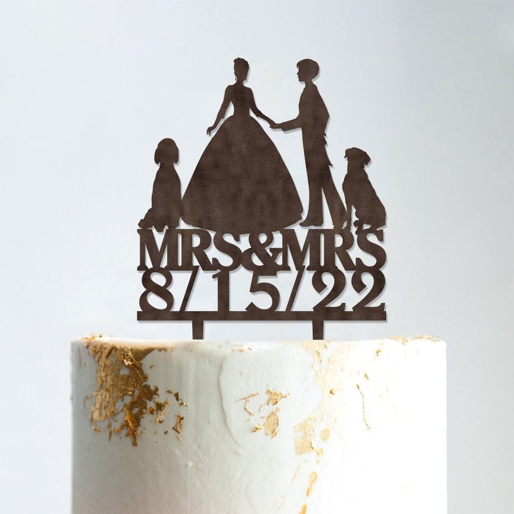 Wedding Cake Topper Lesbian Couple Silhouette with Pet Mrs. & Mrs. Wedding Cake Topper Personalized Cake Topper Two Names Topper Anniversary Cake Toppers Brown Wood, 6 Inch