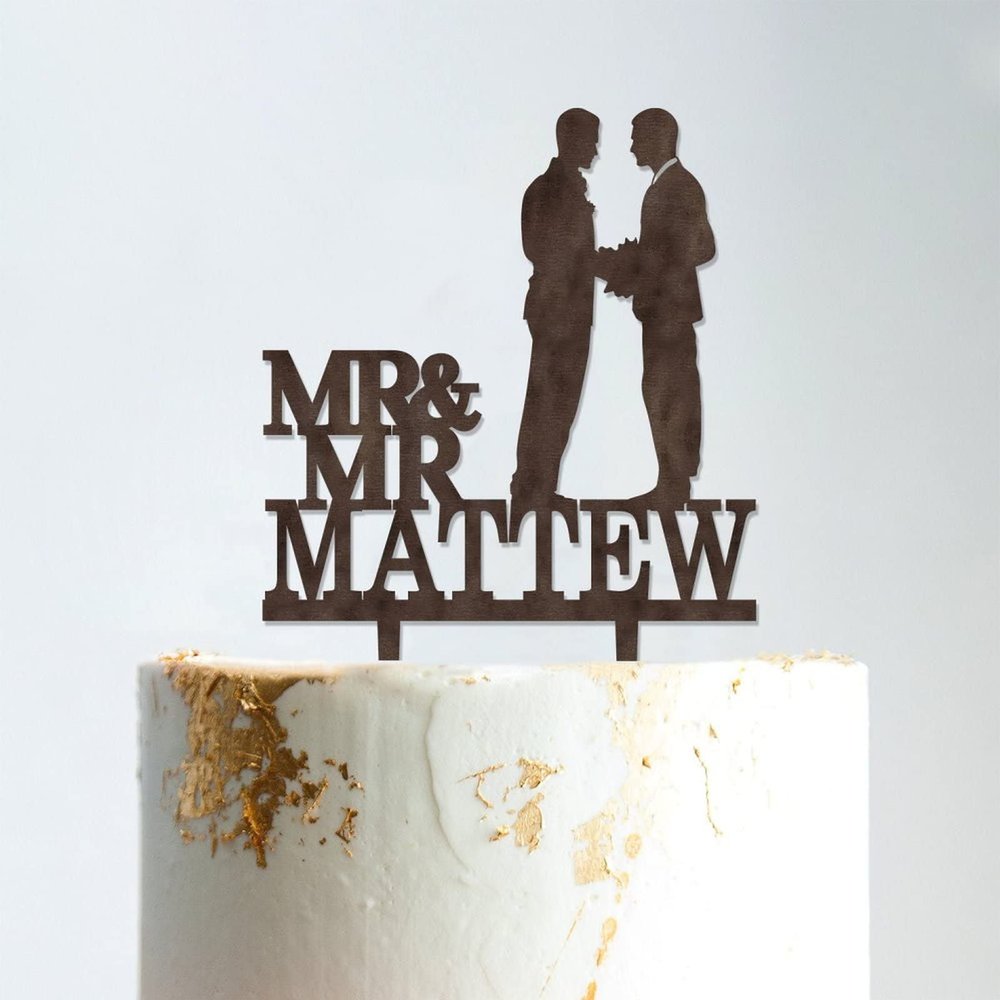 Love Gay Silhouette Cake Topper with Pet Mr And Mr Cake Topper Custom Cake Topper Marriage Equality Cake Topper Funny Cake Toppers for Wedding Brown Wood, 6 Inch