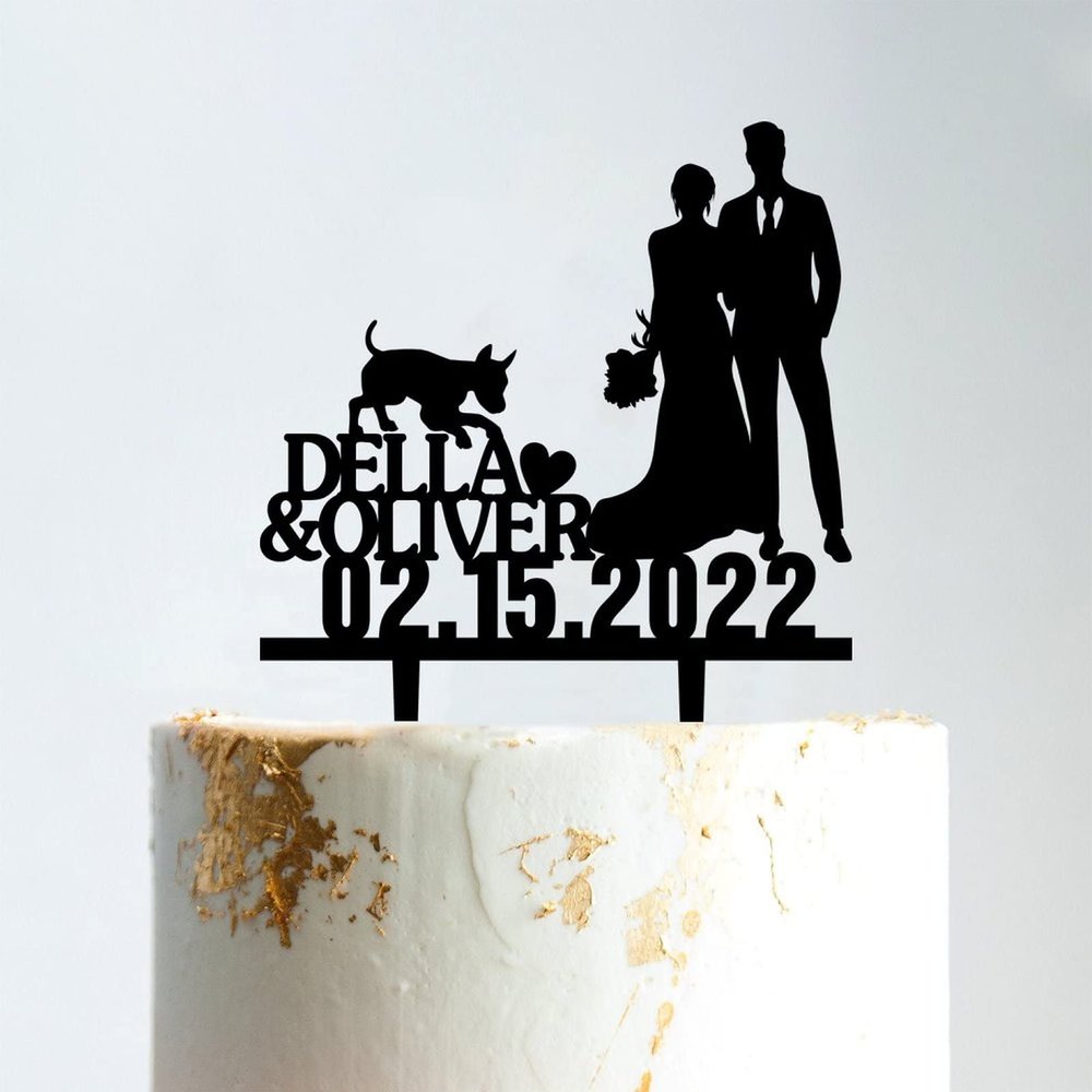 Mr And Mrs Cake Topper Bride And Groom with Pet Wedding Cake Topper Couple Silhouette Custom Cake Topper Personalized Name Script Cake Toppers for Wedding Black Acrylic, 6 Inch