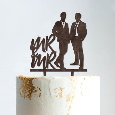 Gay Silhouette Wedding Cake Topper with Pet Mr And Mr Cake Toppers for Wedding Custom Wedding Cake Topper Groom And Groom Same Sex Wedding Topper Anniversary Cake Toppers Brown Wood, 6 Inch