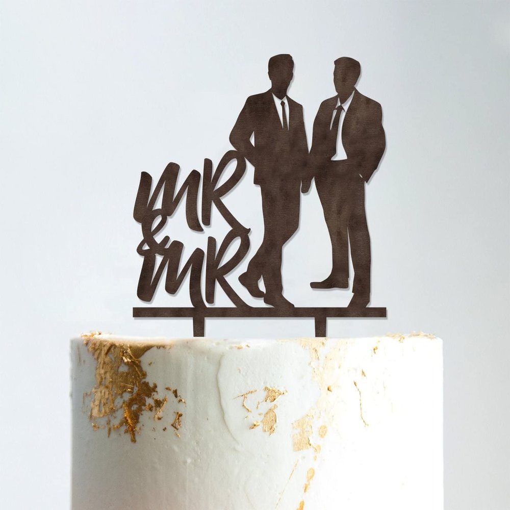 Gay Silhouette Wedding Cake Topper with Pet Mr And Mr Cake Toppers for Wedding Custom Wedding Cake Topper Groom And Groom Same Sex Wedding Topper Anniversary Cake Toppers Brown Wood, 6 Inch