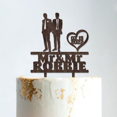 Two Men Silhouette Cake Topper with Pet Mr And Mr Gay Wedding Cake Topper For Two Men Personalized Wedding Cake Topper Two Names Topper Funny Cake Toppers for Wedding Brown Wood, 6 Inch