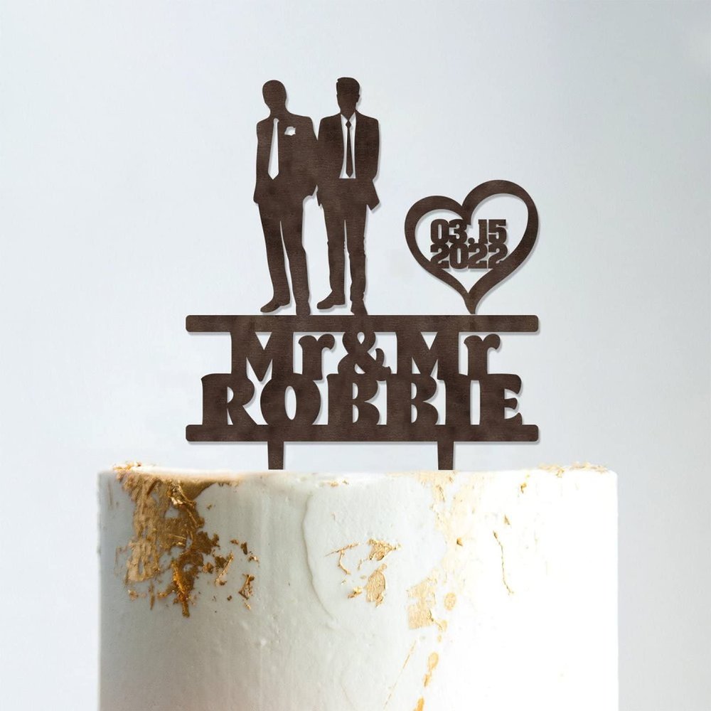Two Men Silhouette Cake Topper with Pet Mr And Mr Gay Wedding Cake Topper For Two Men Personalized Wedding Cake Topper Two Names Topper Funny Cake Toppers for Wedding Brown Wood, 6 Inch