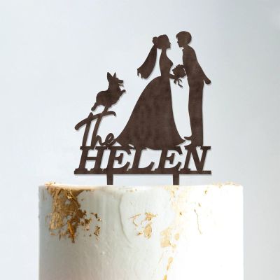 Lesbian Silhouette Wedding Cake Topper with Pet Mrs And Mrs Lesbian Wedding Cake Topper For Two Woman Custom Wedding Cake Topper Marriage Cake Topper Anniversary Cake Toppers Brown Wood, 6 Inch