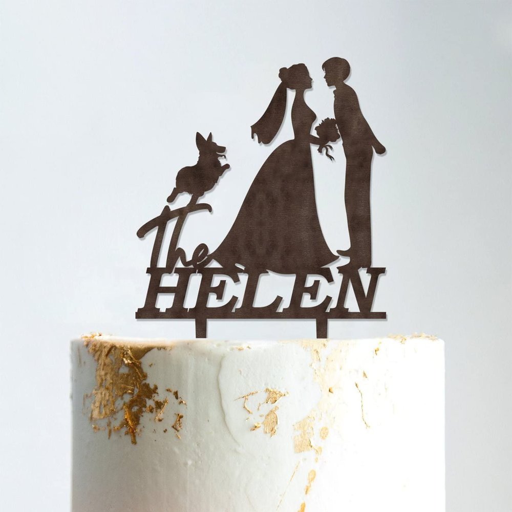 Lesbian Silhouette Wedding Cake Topper with Pet Mrs And Mrs Lesbian Wedding Cake Topper For Two Woman Custom Wedding Cake Topper Marriage Cake Topper Anniversary Cake Toppers Brown Wood, 6 Inch