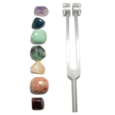 Satin Crystals Chakra Tuning Fork Set Vibrational Healing and 7 Tumbled Stones
