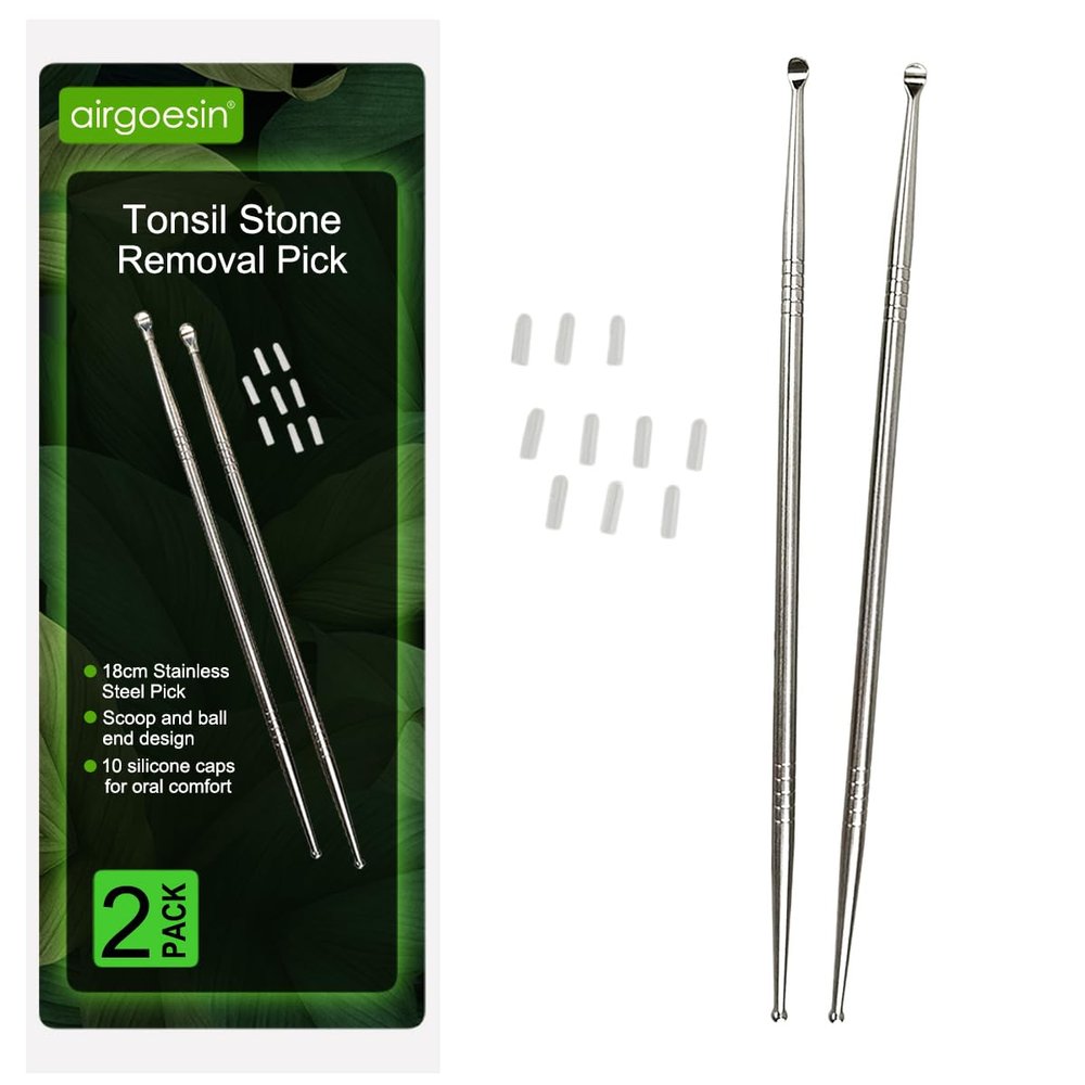 Airgoesin 2pcs Longer 7" Tonsil Stone Remover Pick Tonsillolith Premium Tool Stainless Steel Oral Cleaner to Get Rid of Bad Breath with 10 Silicone Caps