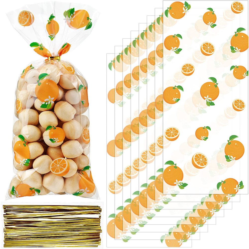 Pajean 100 Pieces Oranges Party Little Cutie Baby Shower Plastic Cellophane Candy Treat Bag with 100 Gold Twist Ties for Cookie Snack Thanksgiving Summer Themed Birthday Party Favor