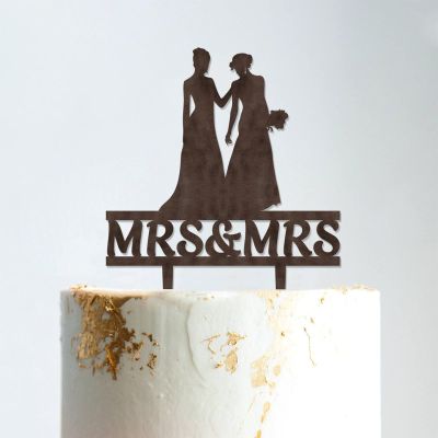 Lesbian Silhouette Wedding Cake Topper with Pet Mrs And Mrs Wedding Cake Topper Custom Wedding Cake Topper Marriage Equality Cake Topper Anniversary Cake Toppers Brown Wood, 6 Inch