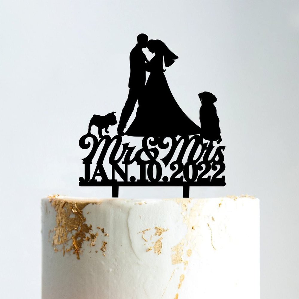Mr And Mrs Cake Topper Bride And Groom with Pet Wedding Cake Topper Couple Silhouette Custom Cake Topper Personalized Name Funny Cake Toppers for Wedding Black Acrylic, 6 Inch
