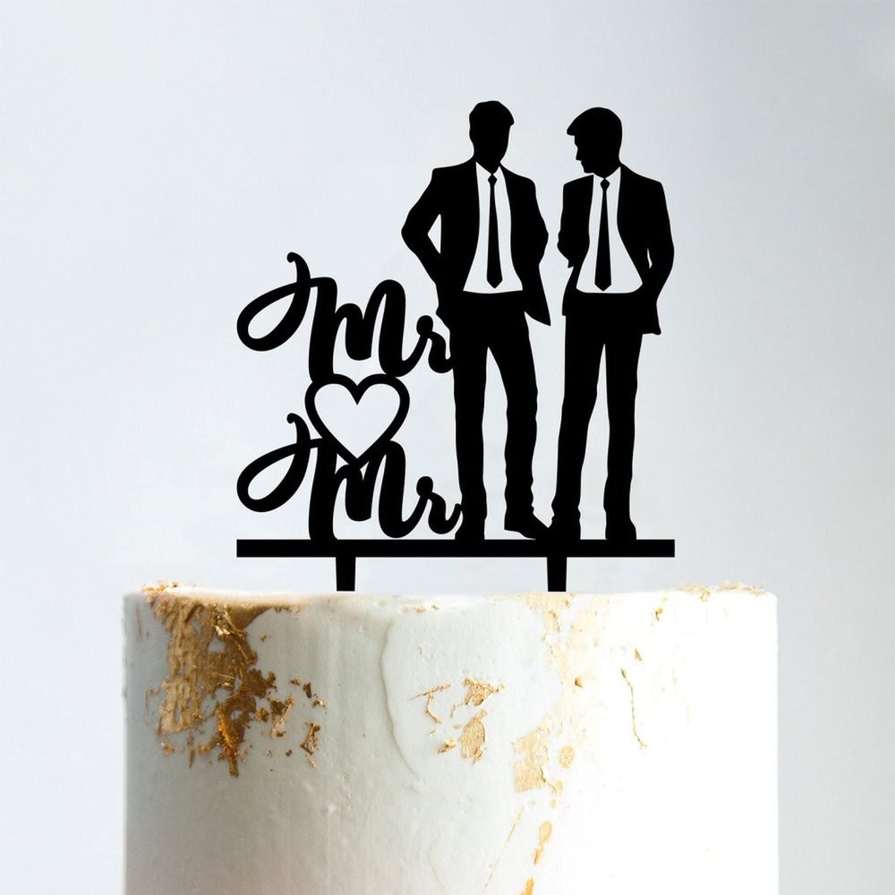 Gay Silhouette Wedding Cake Topper with Date with Pet Mr And Mr Wedding Cake Topper Family Wedding Cake Topper Groom And Groom Wedding Topper Script Cake Toppers for Wedding Black Acrylic, 6 Inch