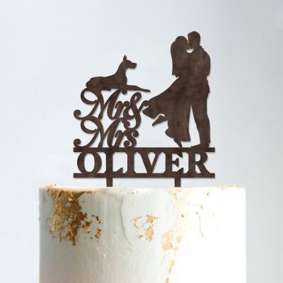 Personalized Mr And Mrs Cake Topper Bride And Groom with Pet Wedding Cake Topper Couple Silhouette Custom Cake Topper Rustic Wedding Cake Topper Brown Wood, 6 Inch