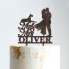 Personalized Mr And Mrs Cake Topper Bride And Groom with Pet Wedding Cake Topper Couple Silhouette Custom Cake Topper Rustic Wedding Cake Topper Brown Wood, 6 Inch view 1
