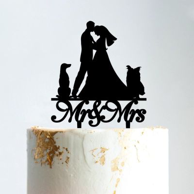 Mr And Mrs Cake Topper Bride And Groom with Pet Wedding Cake Topper Couple Silhouette Custom Cake Topper Personalized Name Anniversary Baptism Cake Topper Black Acrylic, 6 Inch