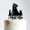 Mr And Mrs Cake Topper Bride And Groom with Pet Wedding Cake Topper Couple Silhouette Custom Cake Topper Personalized Name Anniversary Baptism Cake Topper Black Acrylic, 6 Inch view 1
