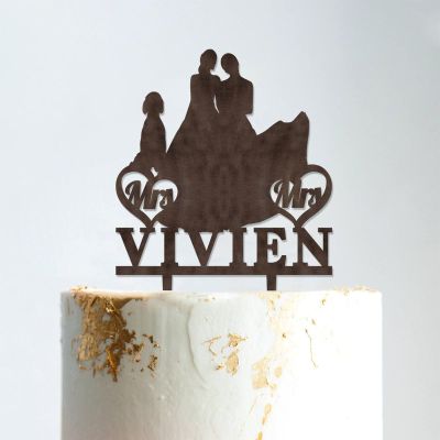 Stylish Lesbian Marriage Silhouette Wedding Cake Topper with Pet Mrs And Mrs Wedding Cake Topper Custom Wedding Cake Topper Marriage Cake Topper Funny Cake Toppers for Wedding Brown Wood, 6 Inch