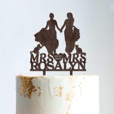 Lesbian Silhouette Wedding Cake Topper with Date with Pet Mrs And Mrs Wedding Cake Topper Custom Wedding Cake Topper Marriage Equality Cake Topper Anniversary Baptism Cake Topper Brown Wood, 6 Inch