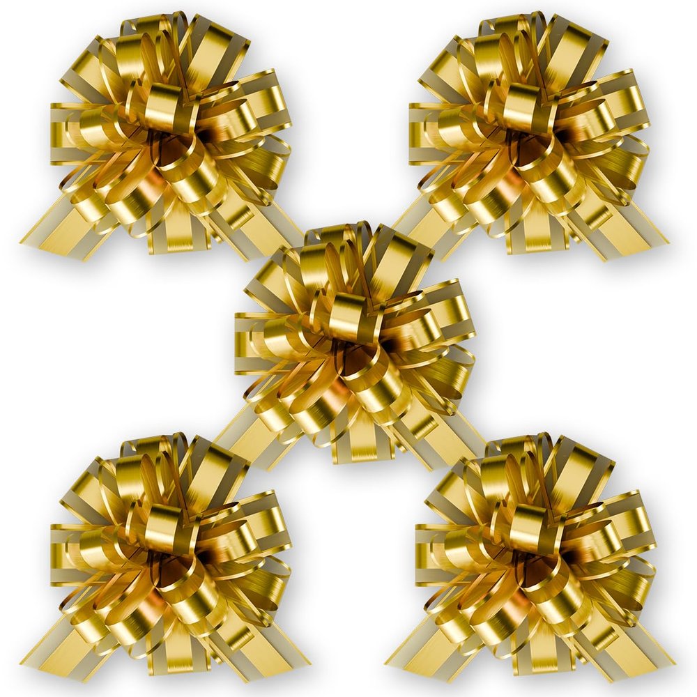 InstaBows 5-Pack Gold Organza Pull String Gift Bows 5-Inch Lace Bows for Gift Wrapping, Weddings, Birthdays, Baby Showers, Christmas & DIY Crafts Elegant and Easy to Use
