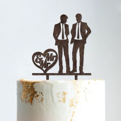 Gay Silhouette Cake Topper for Wedding with Pet Mr And Mr Cake Toppers for Wedding Personalized Cake Topper Two Names Topper Cake Topper Wedding Brown Wood, 6 Inch
