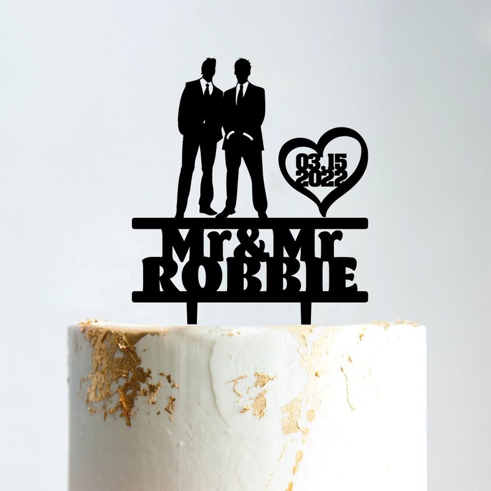 Gay Silhouette Cake Topper with Pet Mr & Mr Rustic Wreath Couple's Names Cake Topper Custom Wedding Cake Topper Groom And Groom Wedding Topper Anniversary Baptism Cake Topper Black Acrylic, 6 Inch