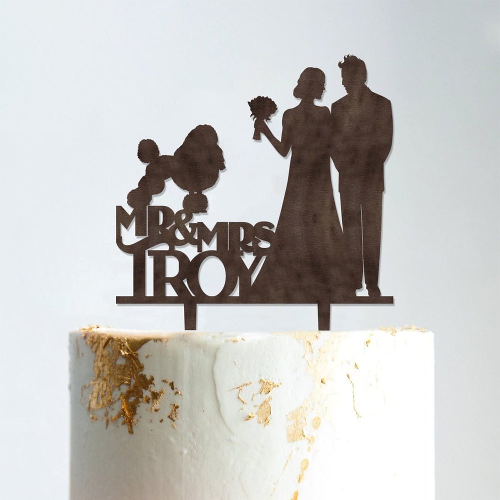 Custom Mr Mrs Cake Topper Bride And Groom with Pet Wedding Cake Topper Couple Silhouette Family Wedding Cake Topper Anniversary Cake Toppers Brown Wood, 6 Inch