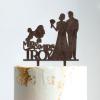 Custom Mr Mrs Cake Topper Bride And Groom with Pet Wedding Cake Topper Couple Silhouette Family Wedding Cake Topper Anniversary Cake Toppers Brown Wood, 6 Inch view 1
