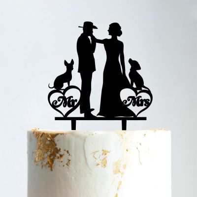 Mr & Mrs Rustic Wreath Couple's Names Cake Topper Bride And Groom with Pet Wedding Cake Topper Couple Silhouette Custom Wedding Cake Topper Cake Topper Wedding Black Acrylic, 6 Inch